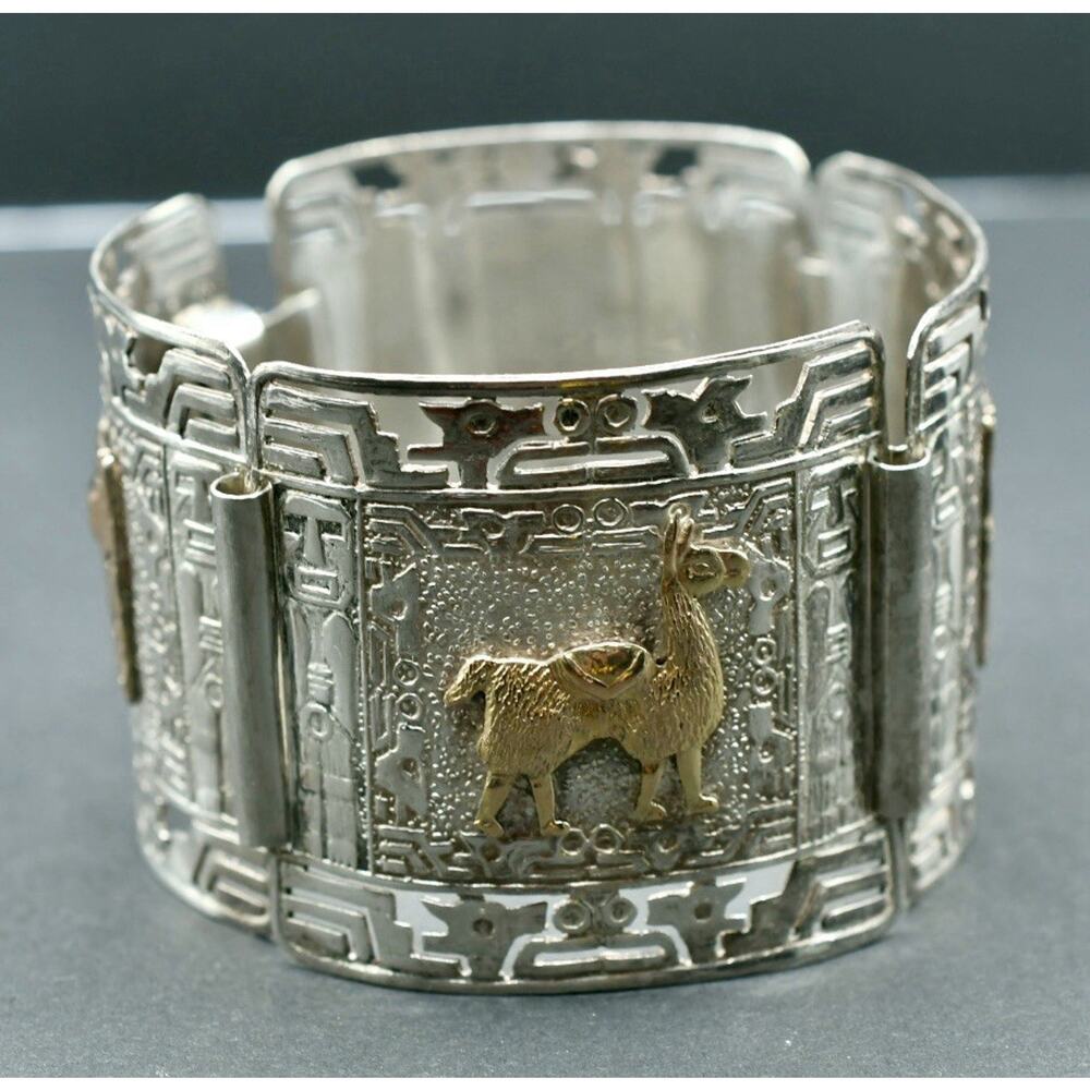 Signed JFG Vintage Peruvian 925 18k Gold Overlay Sun God Storyteller Bracelet 7”